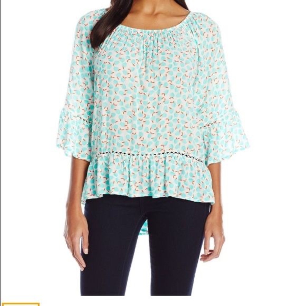 Democracy Peasant top with bright turquoise apple